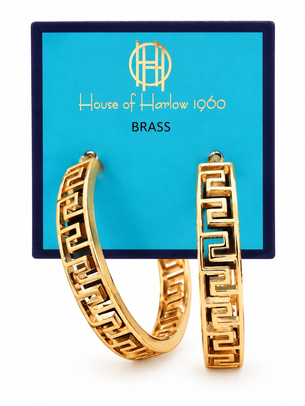 House of Harlow 1960 Greek Key Gold Brass Hoop Earrings